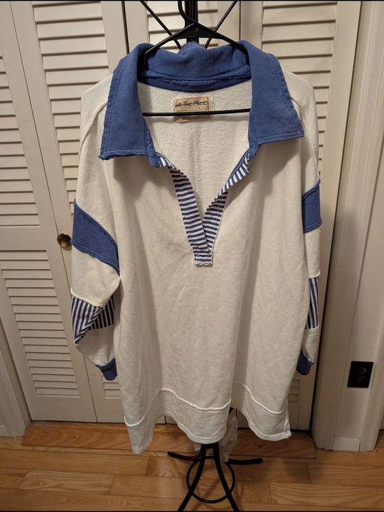 We The Free Tops - We The Free Cream and Blue Striped Long Sleeve Rugby Top